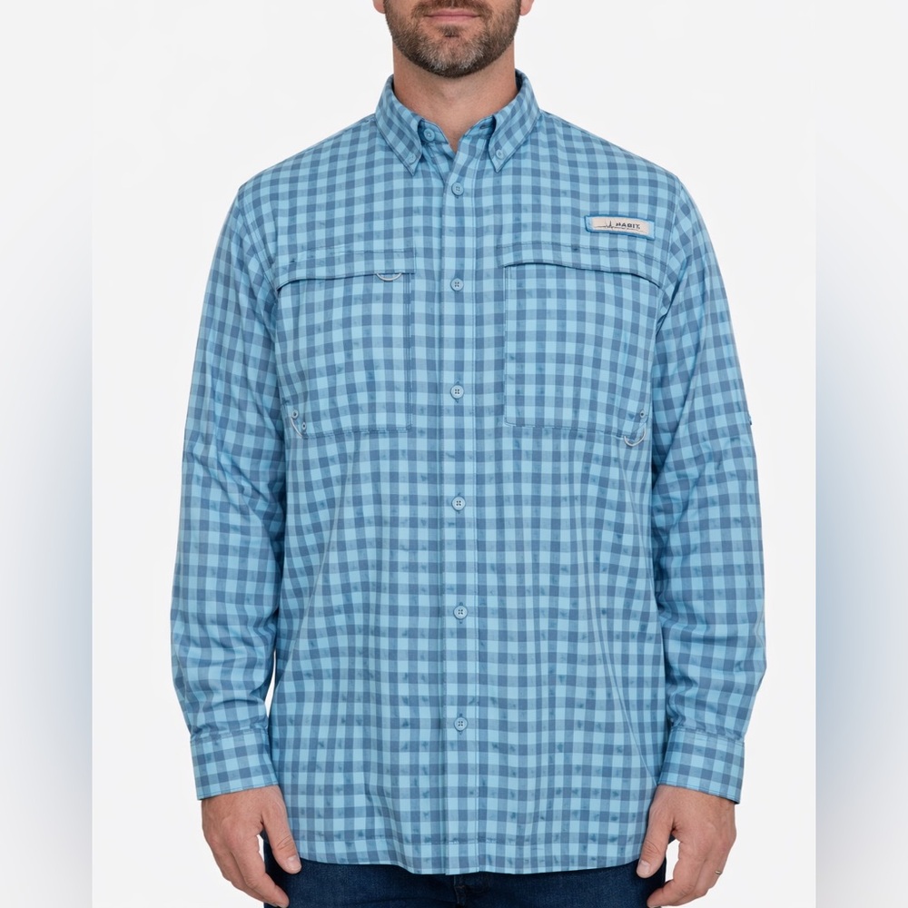 Habit Outdoors Men’s Long Sleeve Fishing Shirt Plaid Blue Size M